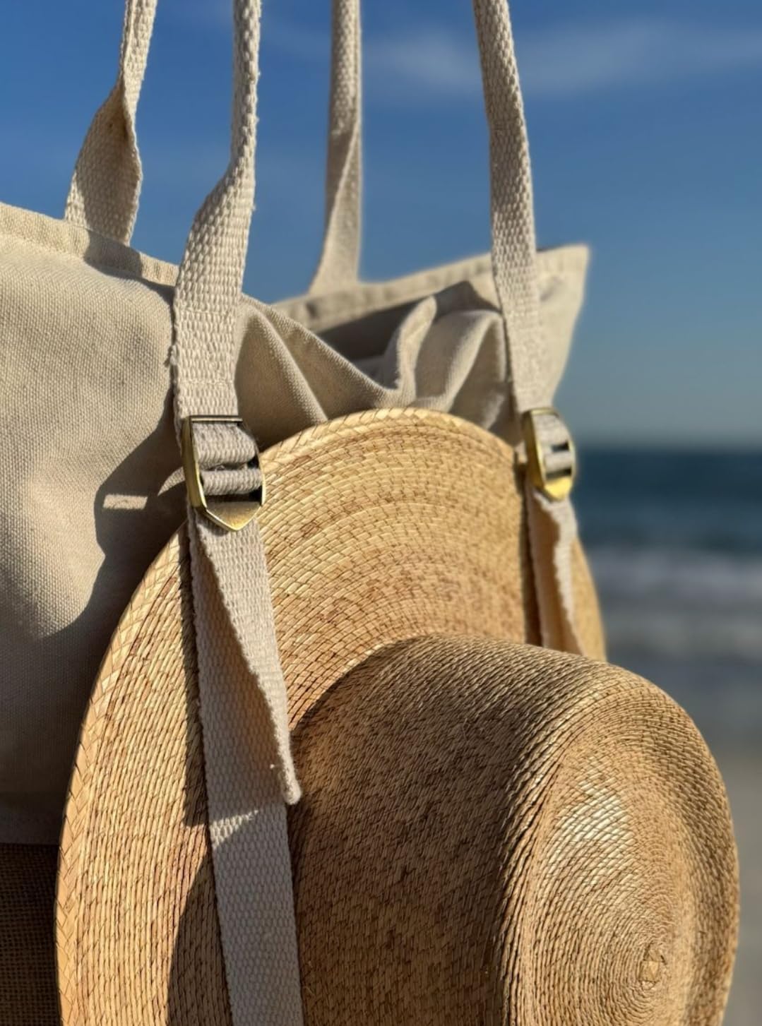 Large Beach Tote Bag with Hat Holder Straps, Womens large beach bag- Vation beach Tote