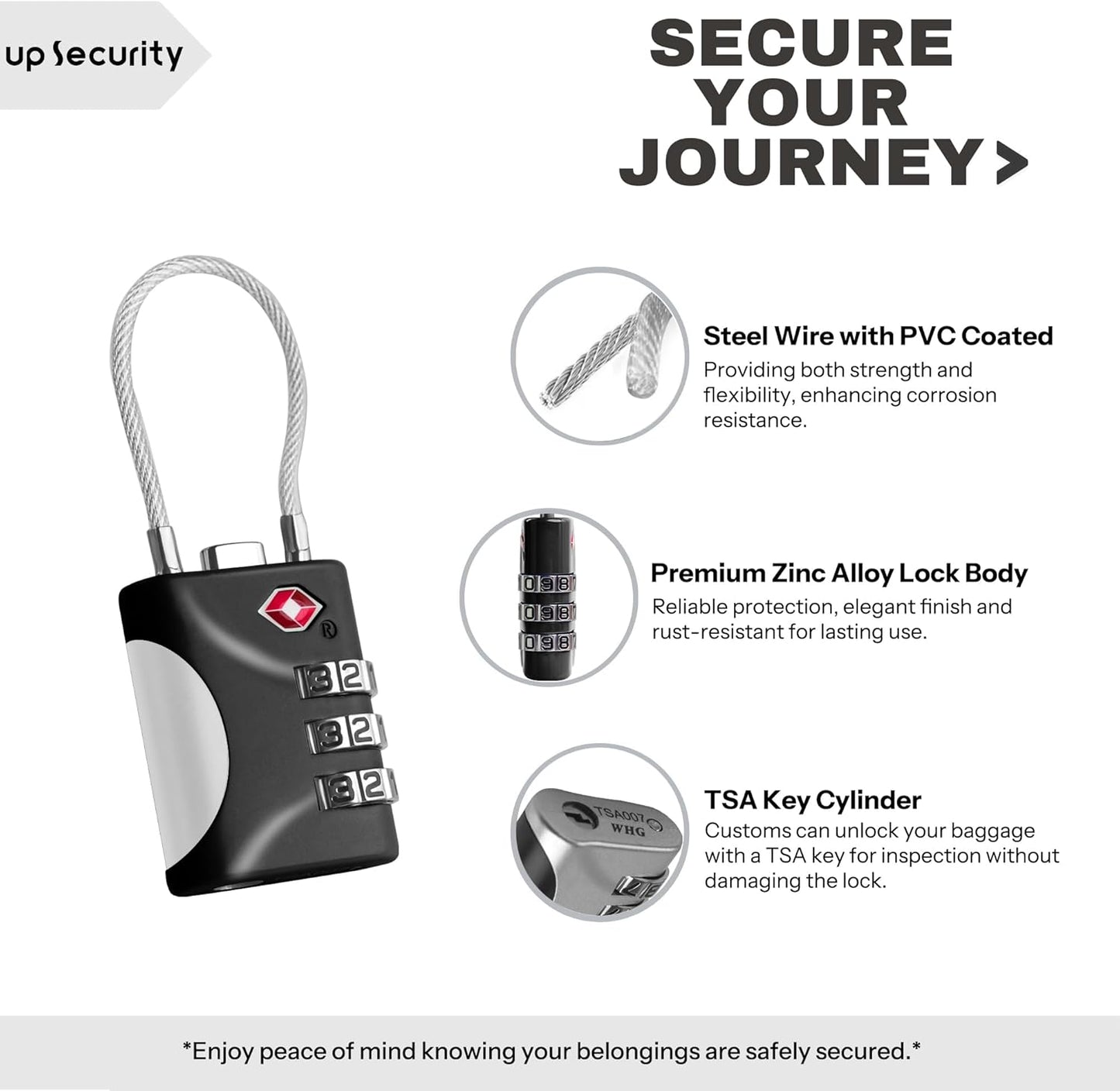 TSA Approved Luggage Locks - Small Combo Travel Padlock with Cable, TSA 007 Suitcase & Backpack Security, Durable & Easy to Use (Black+Blue)