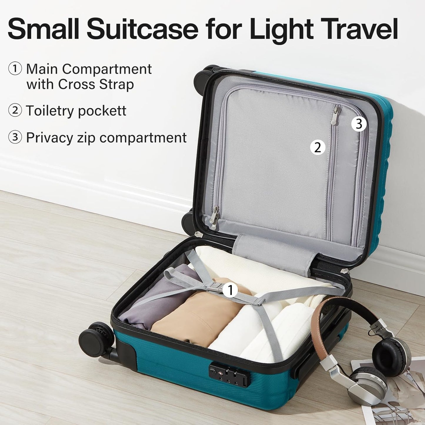 Hanke 14 Inch Underseat Carry On Luggage with Wheels Hard Shell Suitcases Carry On Bag Lightweight Small Mini Suitcase Tsa Luggage for Travel. Caribbean Blue.