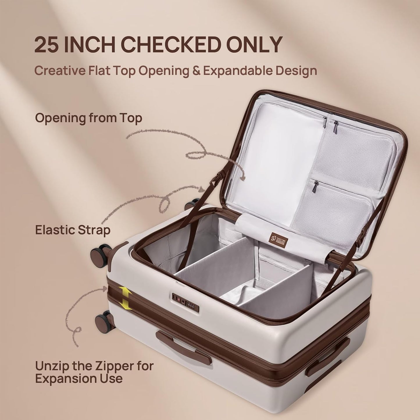 NINETYGO Medium Checked Luggage 25 Inch, Flat Top Opening Checking In Luggage with Cup Holder, Expandable, Coffee-Infused PC Hard Shell, Eco-Friendly, TSA Lock, 360° Spinner Wheels (Americaco)