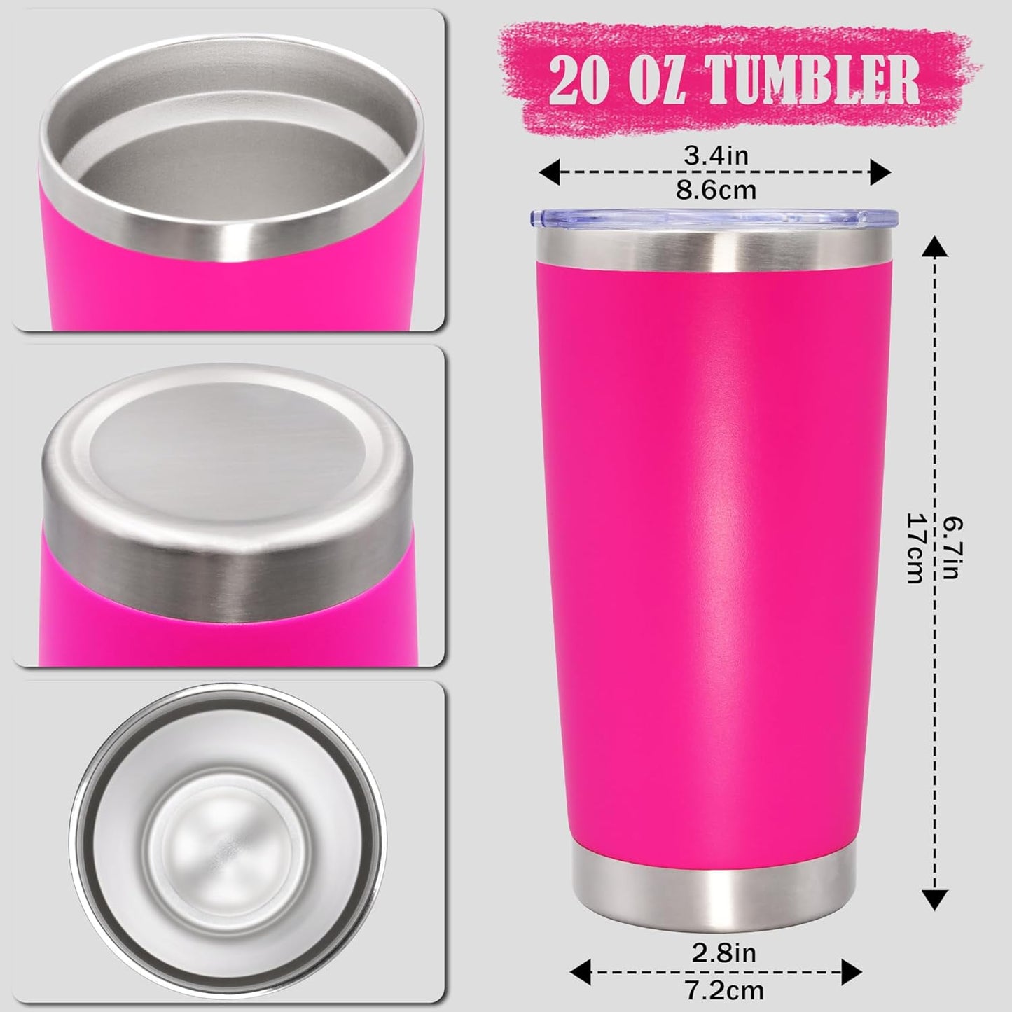 20 oz Tumbler Coffee Tavel Tumblers Bulk with Lid Stainless Steel Double Wall Vacuum Insulated Mug Powder Coated Cups fit Car Cupholder for Hot and Cold - Hot Pink, 12Pack
