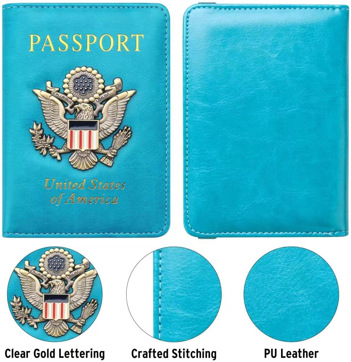 Passport Holder for Travel Passport Cover for Men Passport Wallet Case With 3D Metal Badge Protector Leather Card Case RFID Blocking Women Travel Accessories Document Organizer (Sky Blue)