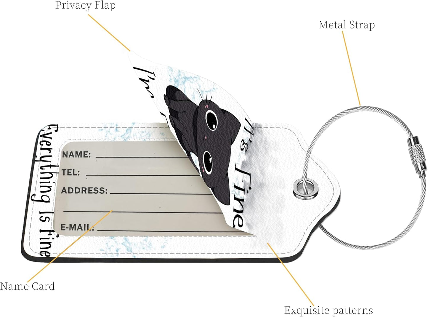 2 Pcs Luggage Tags for Suitcase, Cute Unique PU Leather Travel Bag Tag with Privacy Cover ID Label Address Card and Durable Metal Ring Suitable for Men Women Children Backpack,Cat Under A Dark Cloud