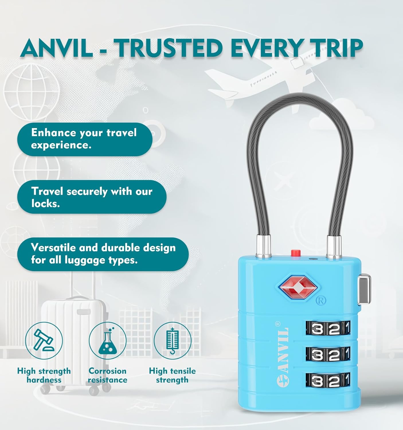 ANVIL TSA Approved Luggage Locks – High Security TSA008 Combination Travel Locks with Inspection Indicator for Suitcases and Backpacks. (3, Bule)