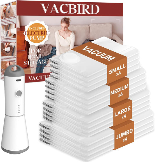 Vacuum Seal Bags for Clothing, 16 Pack Vacuum Storage Bags with Wireless Charging Air Pump(4J+4L+4M+4S), Space Saver Bags for Clothes Blanket Duvets Pillows Comforters Travel