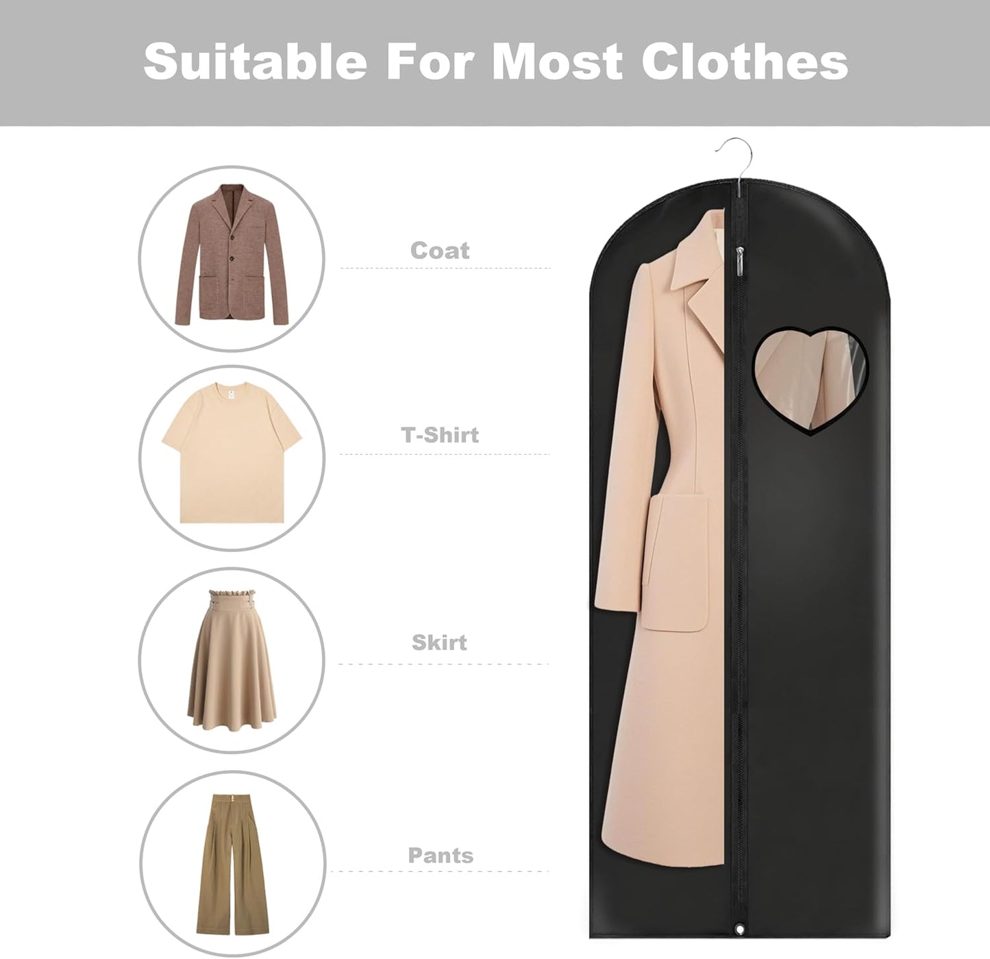 Dress Bags for Gowns Long, 60'' Garment Bags for Hanging Clothes, Suit Bag Cover for Storage and Travel, with Clear Heart Window, 2 Pack (Black)