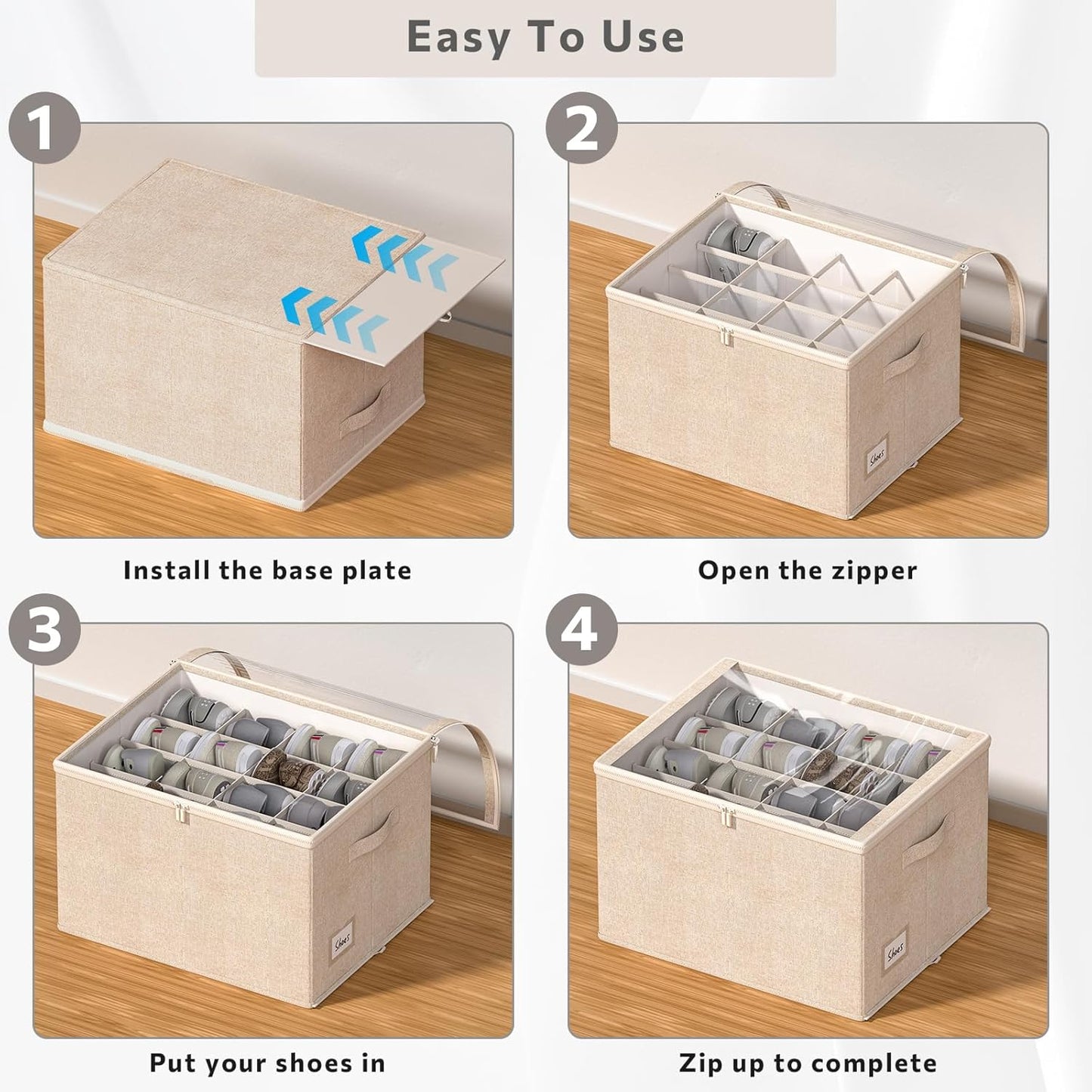 Shoe Organizer for Closet, 2 Pack Sturdy Shoe Storage Bins with Clear Cover, Fits 16-32 Pairs, Foldable Shoe Storage Box with Reinforced Handles (Beige, 19.7 * 15.7 * 12.6in)