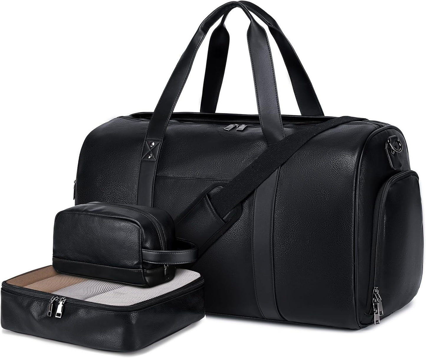 Wogarl 3PCS Leather Weekender Bag for Women Men Large Overnight Bag Travel Duffel Bag with Shoe Compartment Toiletry Packing Cube Carry On Bag Fit 21"" Laptop(Black), YT042