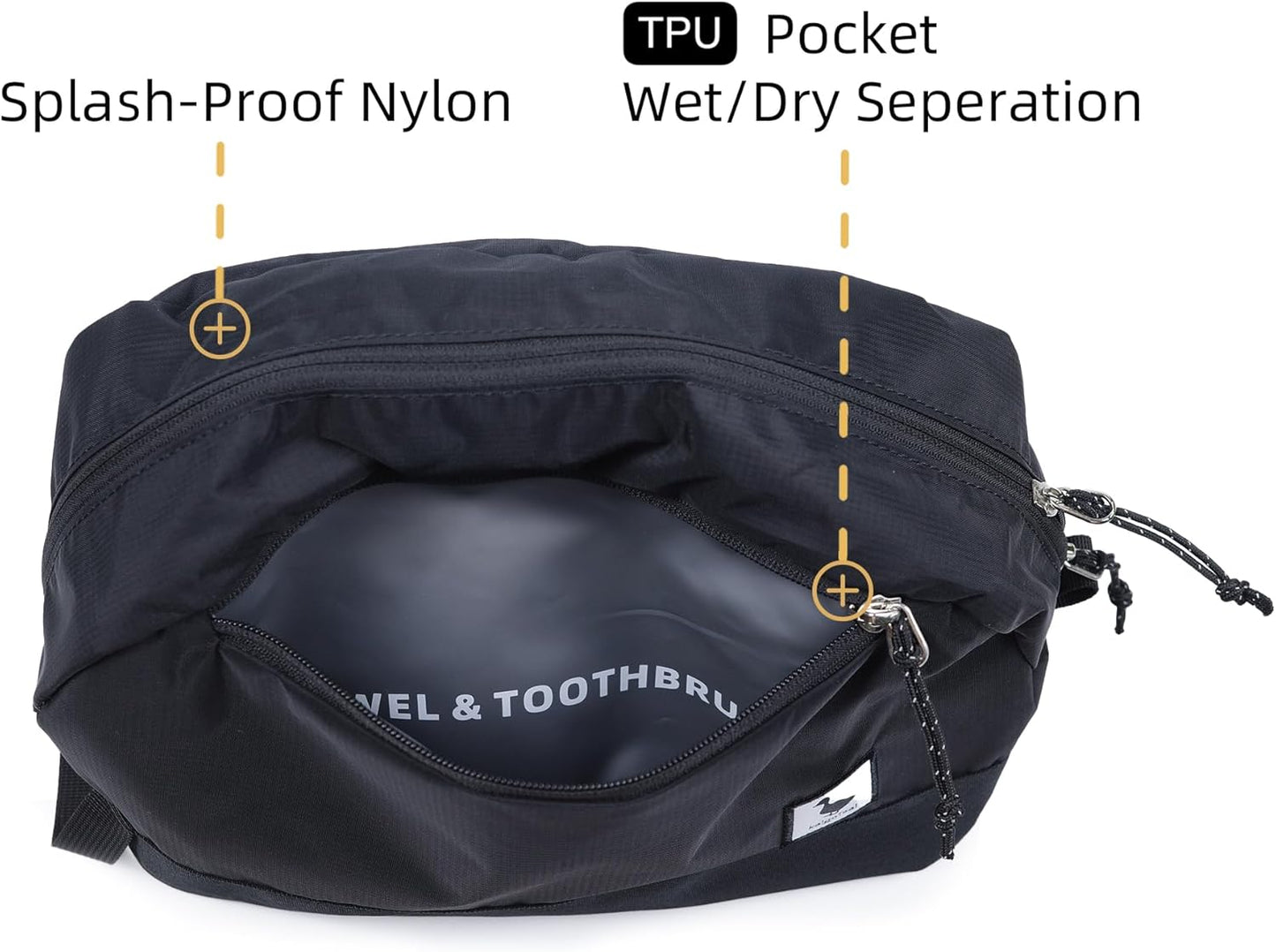 Travel Toiletry Bag 8L, Large Packing Cube with Waterproof TPU Wet/Dry Compartment (01 Black Stealth)