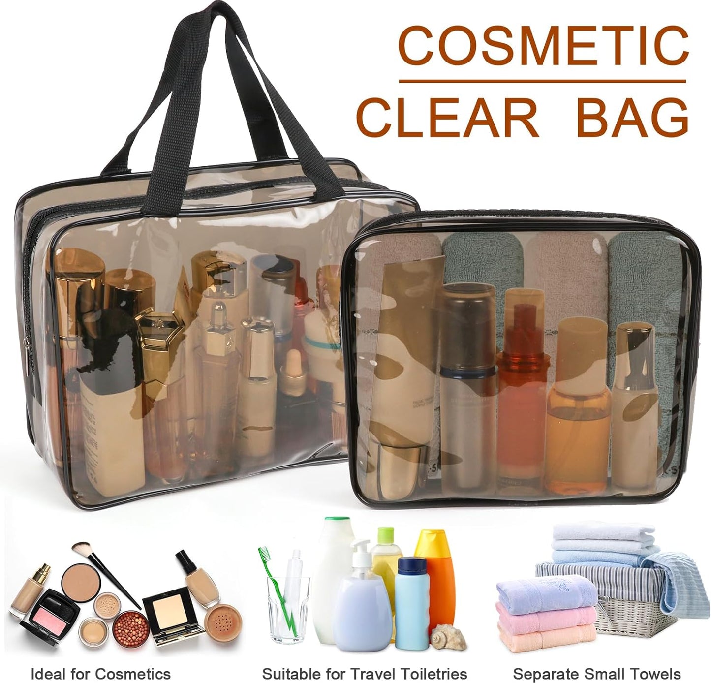 APREUTY Clear Makeup Bags, TSA Approved 6 Pcs Cosmetic Makeup Bags Set Clear PVC with Zipper Handle Portable Travel Luggage Pouch Airport Airline Vacation Organization (Black Brown)