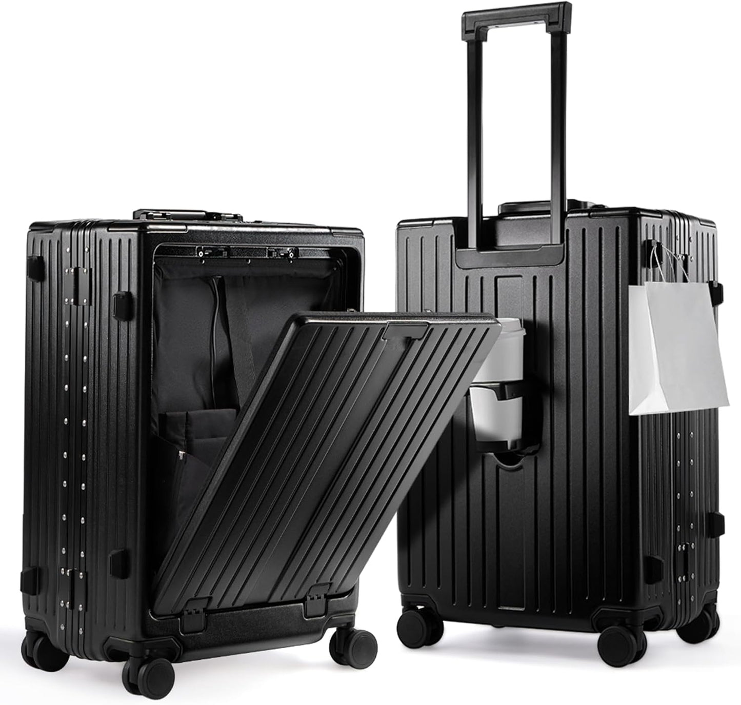 UrbanExplorer 24 Inch Check-In Aluminum Frame Luggage, ABS+PC Hard Shell Suitcases with Spinner Wheels TSA Approved Checked Luggage, Zipperless Suitcases with Cup Holder, Black