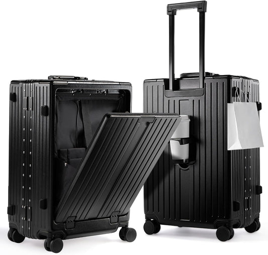 UrbanExplorer 24 Inch Check-In Aluminum Frame Luggage, ABS+PC Hard Shell Suitcases with Spinner Wheels TSA Approved Checked Luggage, Zipperless Suitcases with Cup Holder, Black