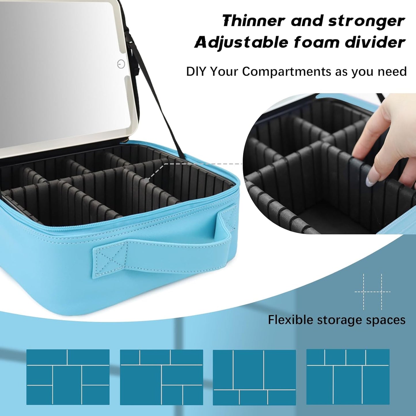 Makeup Bag with Led Mirror,Travel Makeup Organizer with 3 Color Setting, Portable Storage and Adjustable Dividers Travel Makeup Bag(blue)