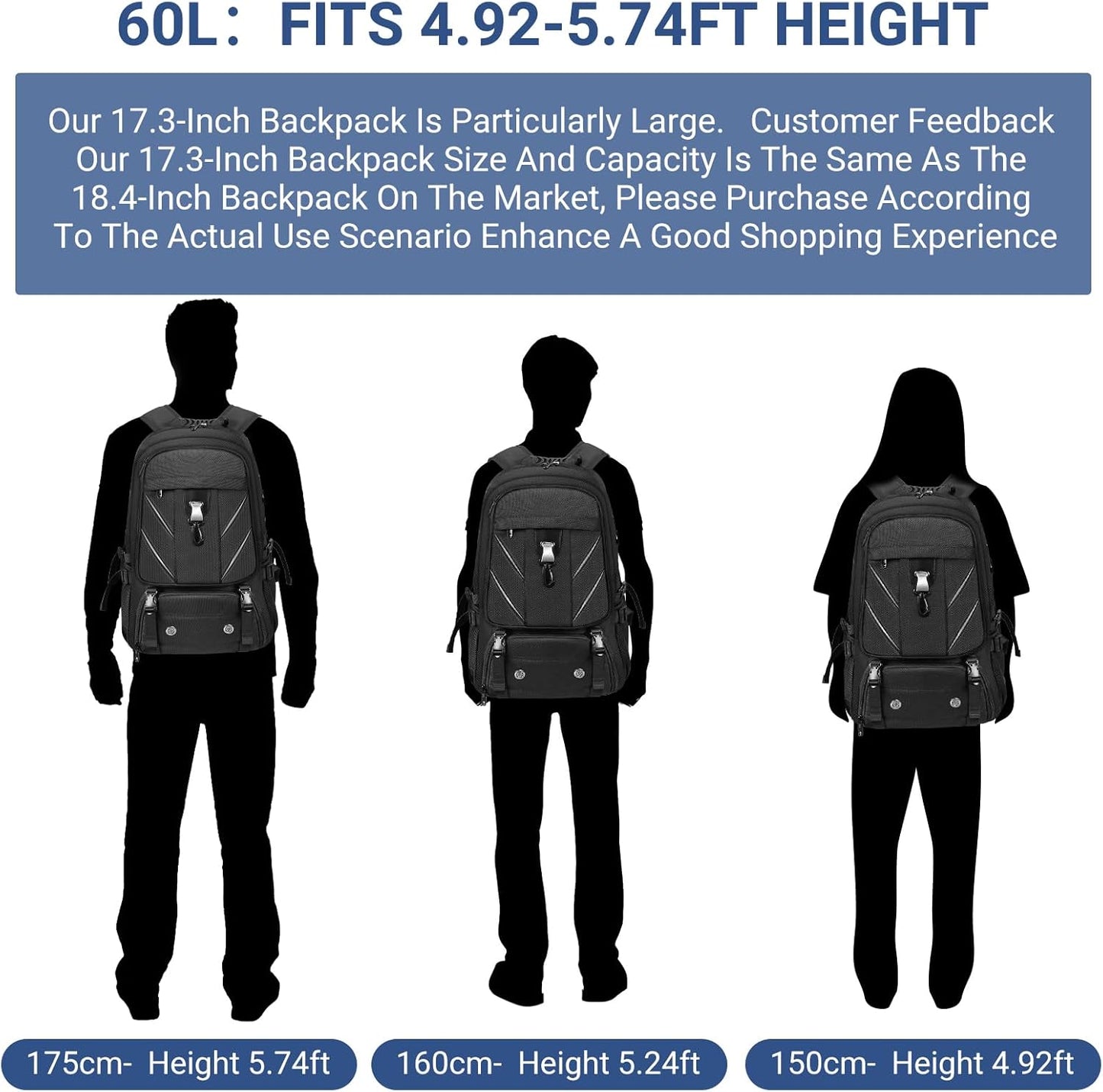 17.3 Inch Travel Laptop Backpack with Shoe Compartment,50L Carry on Flight Approved Backpacks Multiple Compartments,Water Resistant Anti Theft Bag with USB Charging Port,for Men Women