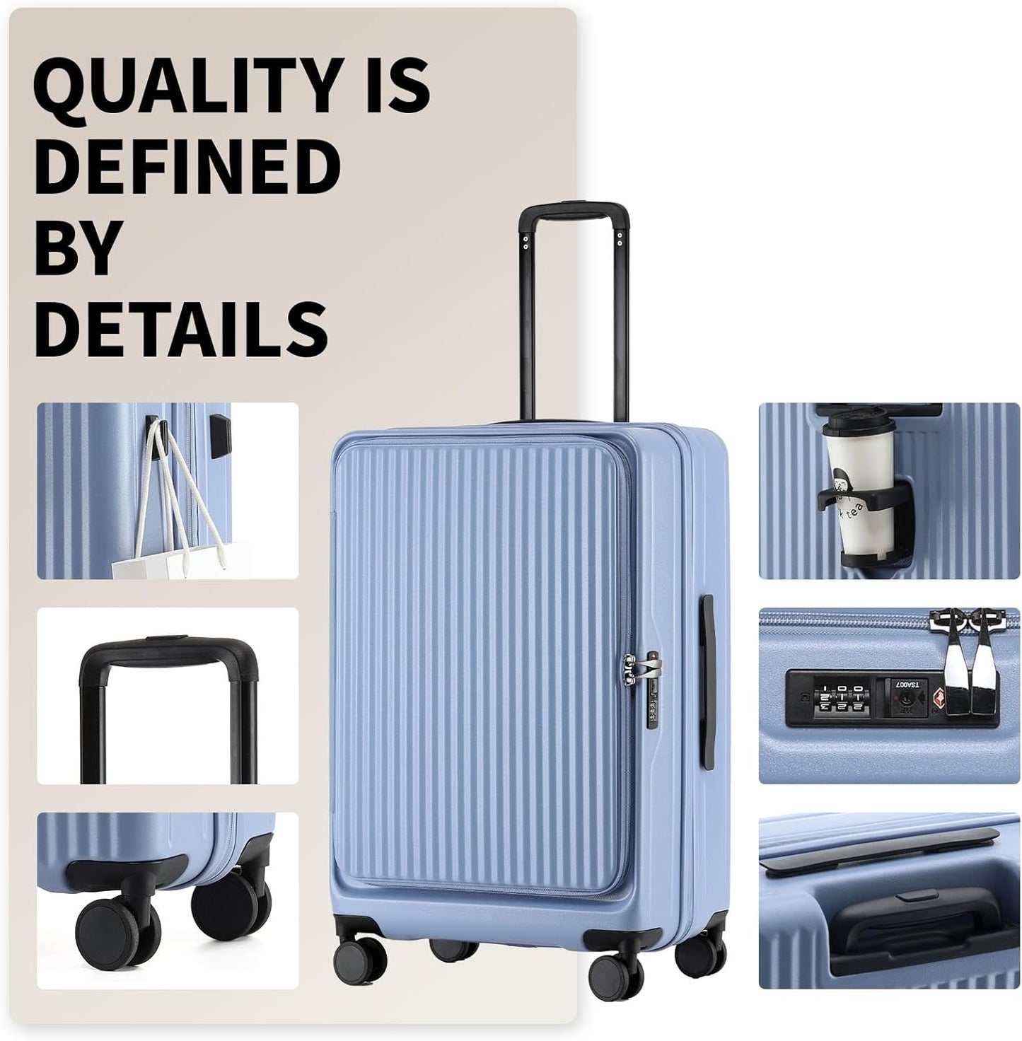 26 Inch Top Opening Checked Travel Luggage Expandable with Spinner Wheels,All PC Hard Shell Hardside Lightweight Medium Suitcase with TSA Approved Cup Holder for Business Trips Woman Men,Blue