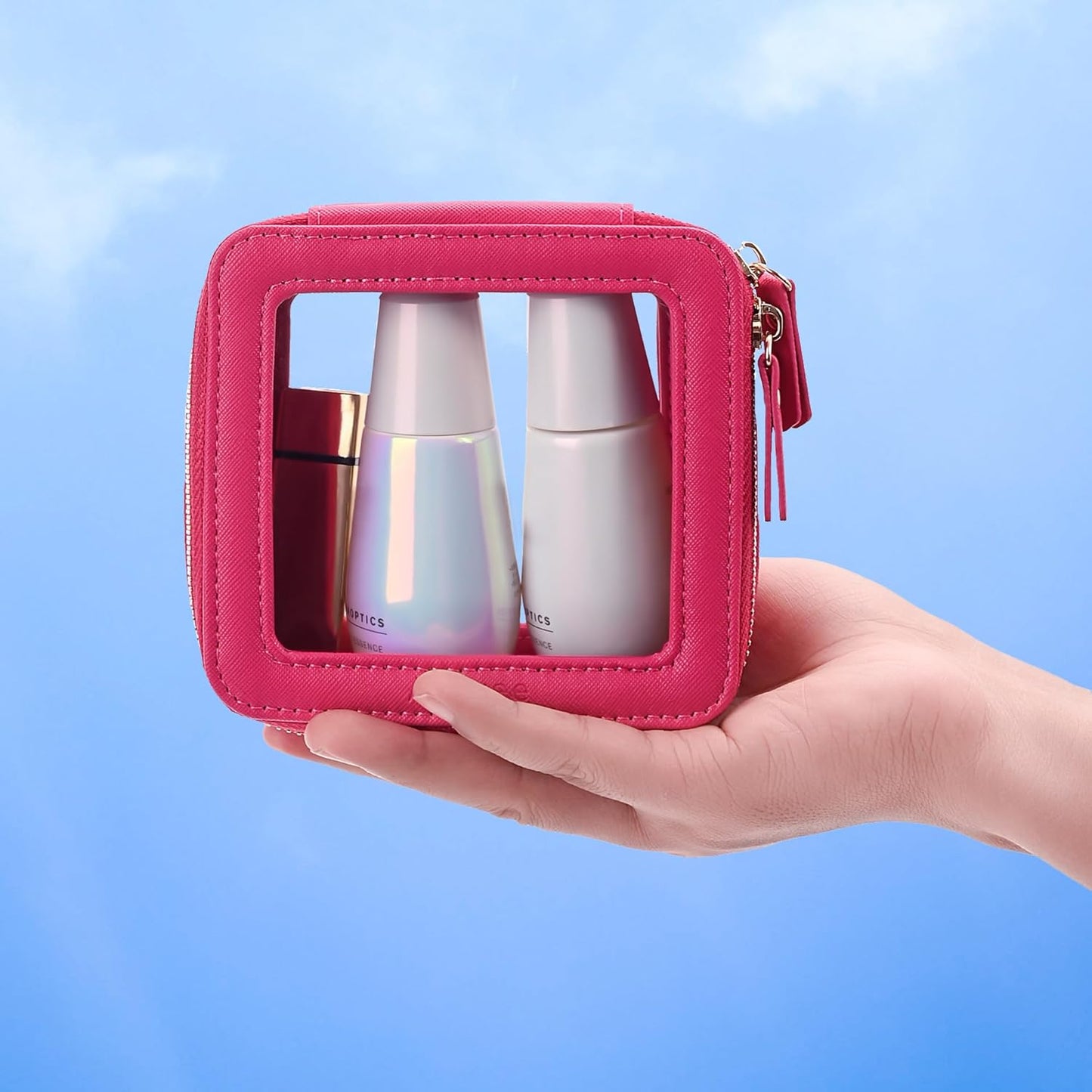 Aveniee Mini Clear Makeup Bag, Small Cosmetic Bags Travel Toiletry Pouch Organizer, TSA Approved Make up Case with Zipper, Car Bag for Essentials,Hotpink