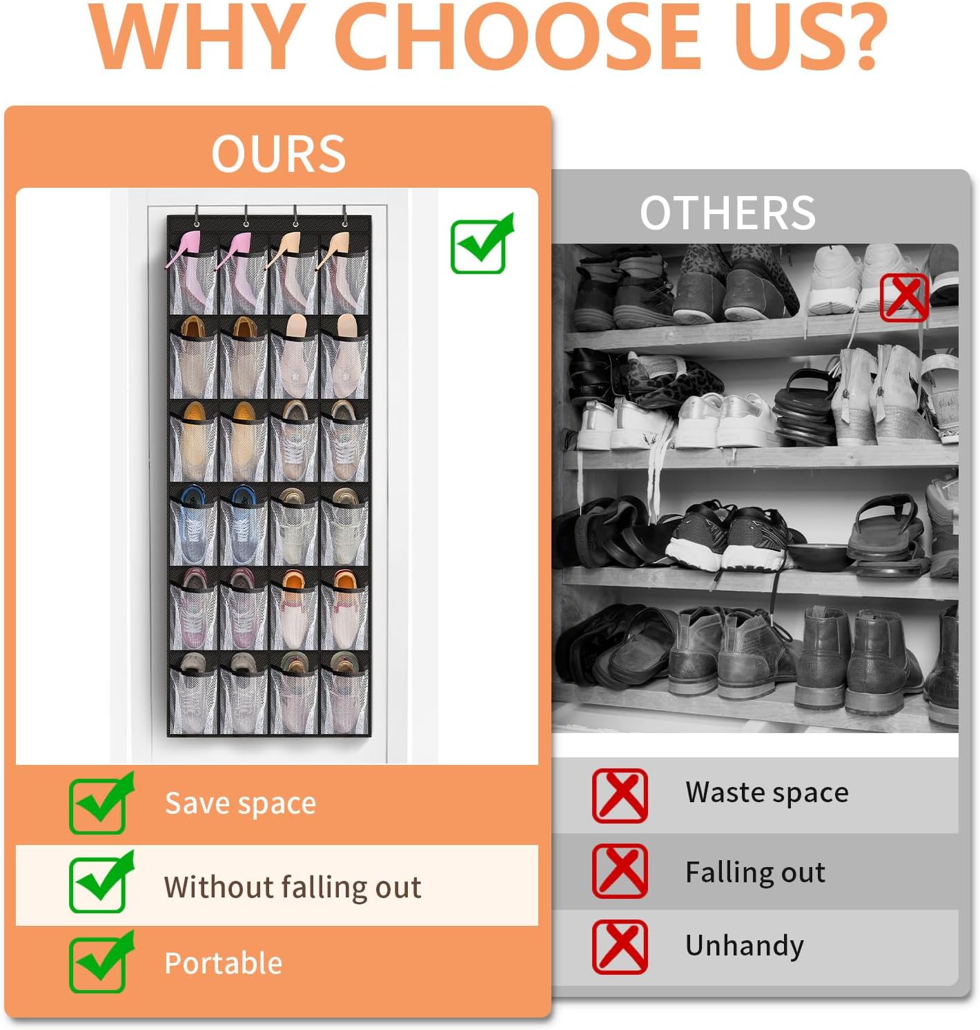 FENTEC 2 Pack Large Over The Door Shoe Organizer, 24 Pockets Mesh Hanging Shoe Organizers, Over Door Organizer, Black