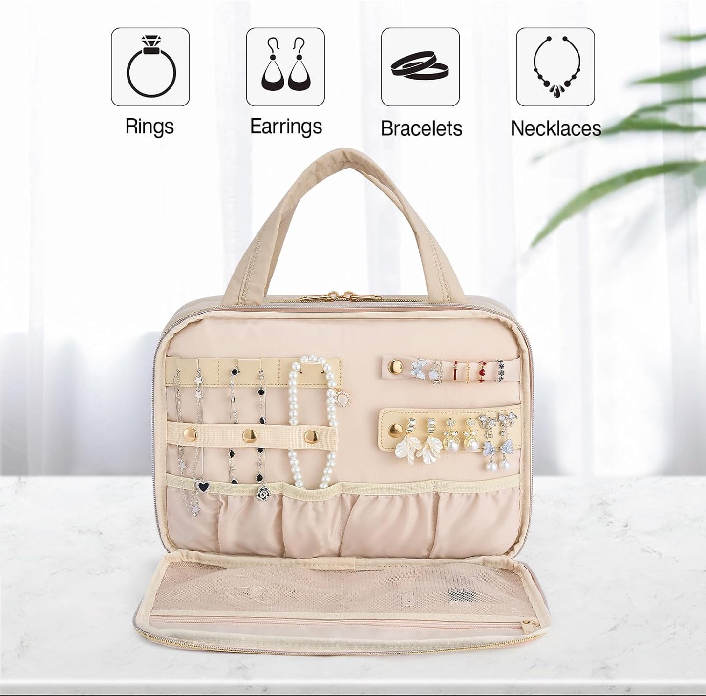 Hanke Hanging Travel Toiletry Bag for Women with Jewelry Organizer Compartment, Travel Essentials Toiletries and Makeup Bag, Water-Resistant & Stain-Resistant with Trolley Strap (Apricot)