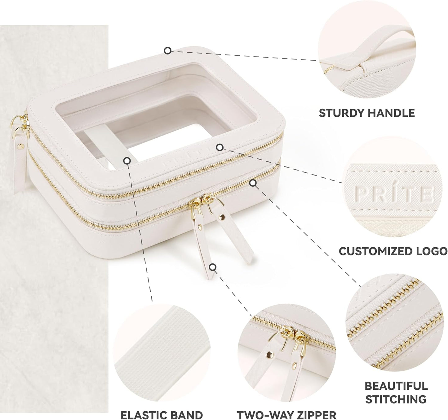 Prite Double Layer Makeup Bag for Women Portable Clear Makeup Bag Cute Waterproof Travel Cosmetic Bag with Gold Zipper for Car Essentials(Beige)