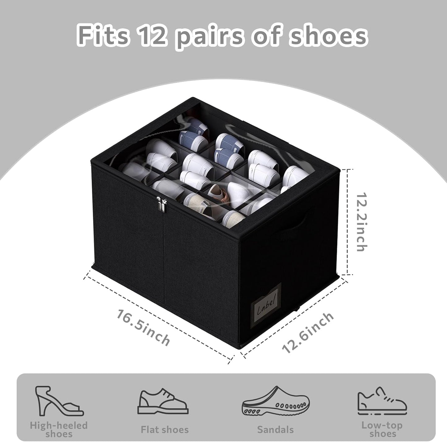 2 Pack Shoe Organizer for Closet - Shoe Storage Bins with Clear Cover, Fabric Shoe Storage Containers with Reinforced Handles, Fits up to 24 Pairs (Black, 16.5 * 12.6 * 12.2in)