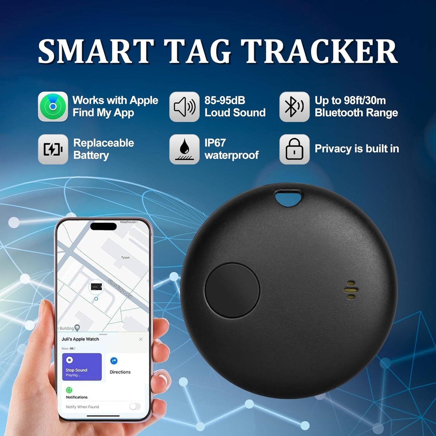 Geevon Smart Tag-2 Pack Bluetooth Tracker Work with Apple Find My (iOS Only).Item Finder for Keys, Wallet,Backpack, Luggage (2P Black)