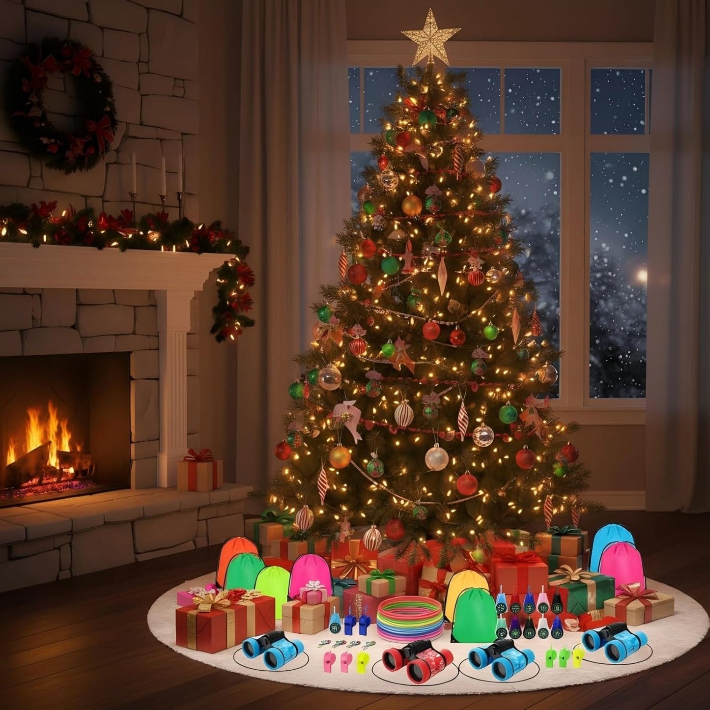 12 Set Binocular Compass Magnifying Glass Set Christmas Birthday Gift Small Telescope Binocular with Whistle Bag for Outdoor Exploring Stocking Stuffer(Mixed Color,Pine)