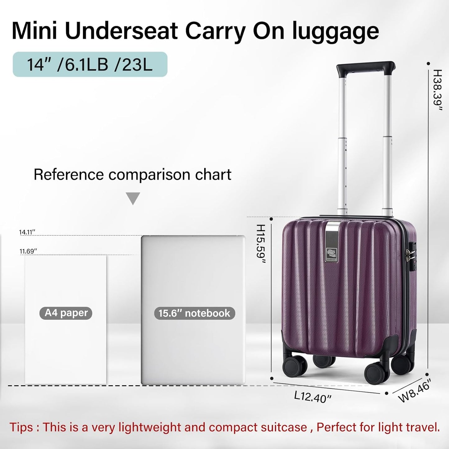 Hanke 14 Inch Underseat Carry On Luggage with Wheels Hard Shell Suitcases Lightweight Small Luggage for Weekender Mini Suitcase Carry On Bag Travel Luggage for Travel Rolling Suitcase.(Purple)