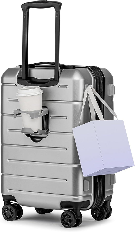 KYME Hardside Expandable Carry On Luggage 22x14x9 Airline Approved 20 Inch Hardshell Carry On Suitcase with Wheels TSA Lock Small Travel Rolling Luggage with Cup Holder for Women Men Silver