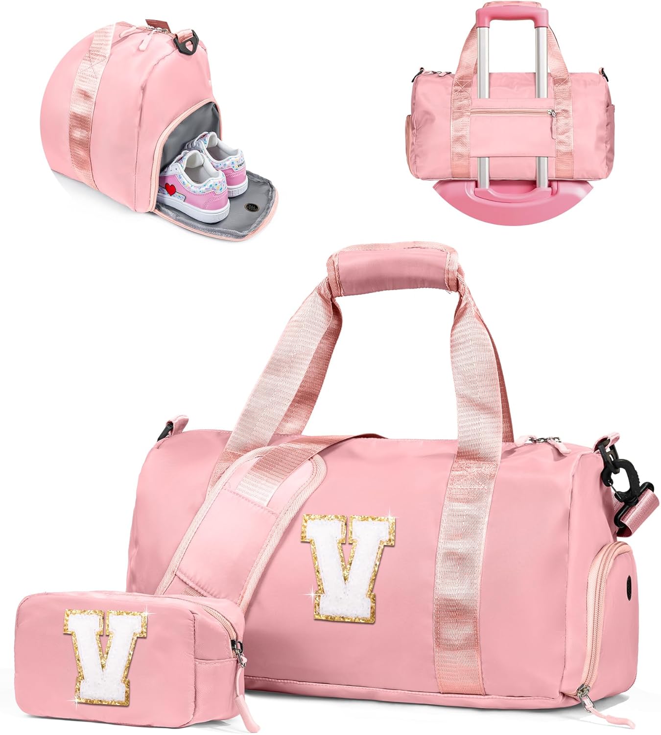 Valentines Day Gifts for Her-Girl Gym Bag with Shoe Compartment, Kid Personalized Weekender Overnight Bags, Initial Travel Tote with Makeup Pouch, Girls Kids Easter Gift (Letter V)