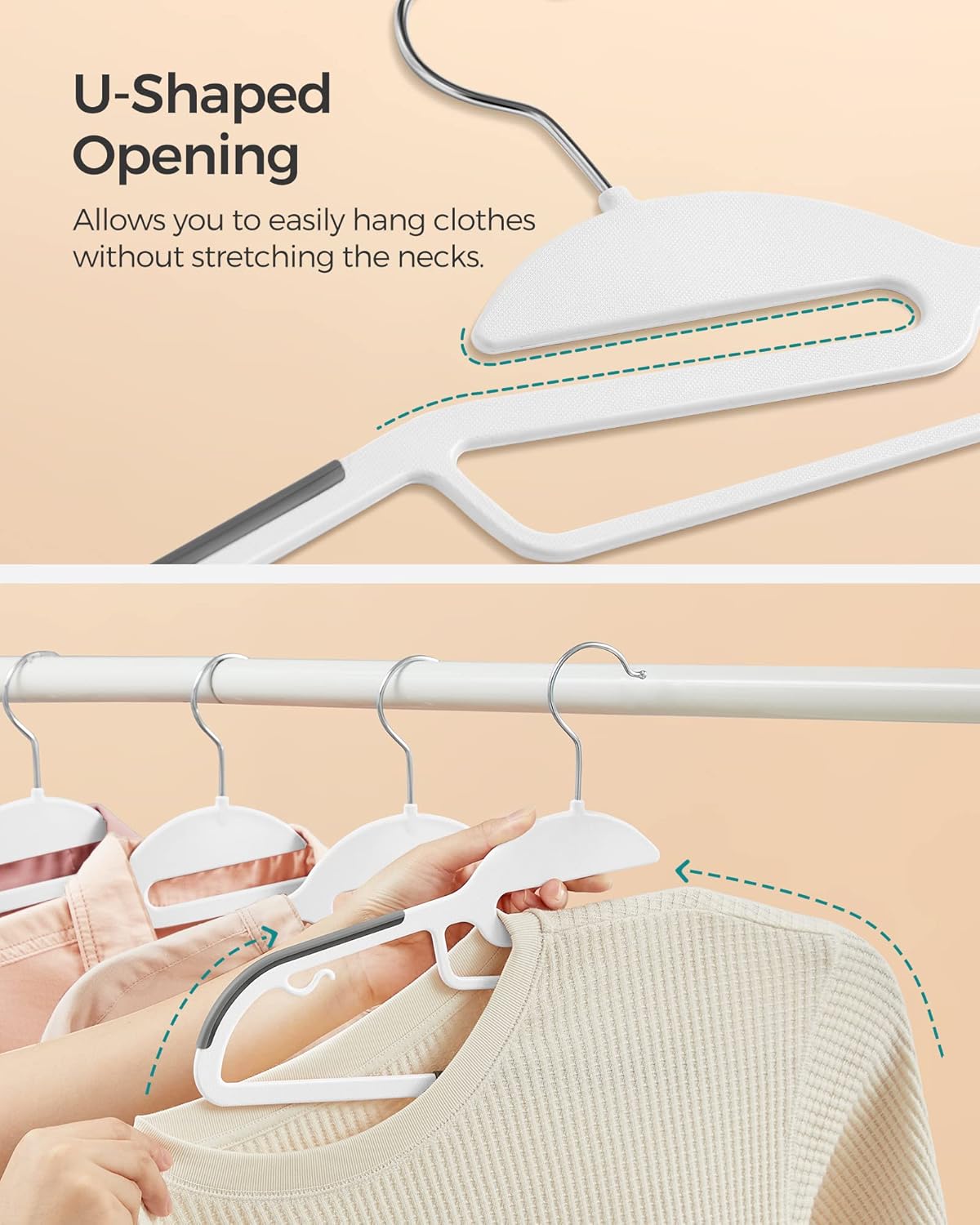 SONGMICS 50 Pack Coat Hangers, Heavy-Duty Plastic Suit Hangers, S-Shaped Opening, Space-Saving, 360º Swivel Hook, 16.3 Inches Wide, Cloud White and Dark Gray UCRP041WG03
