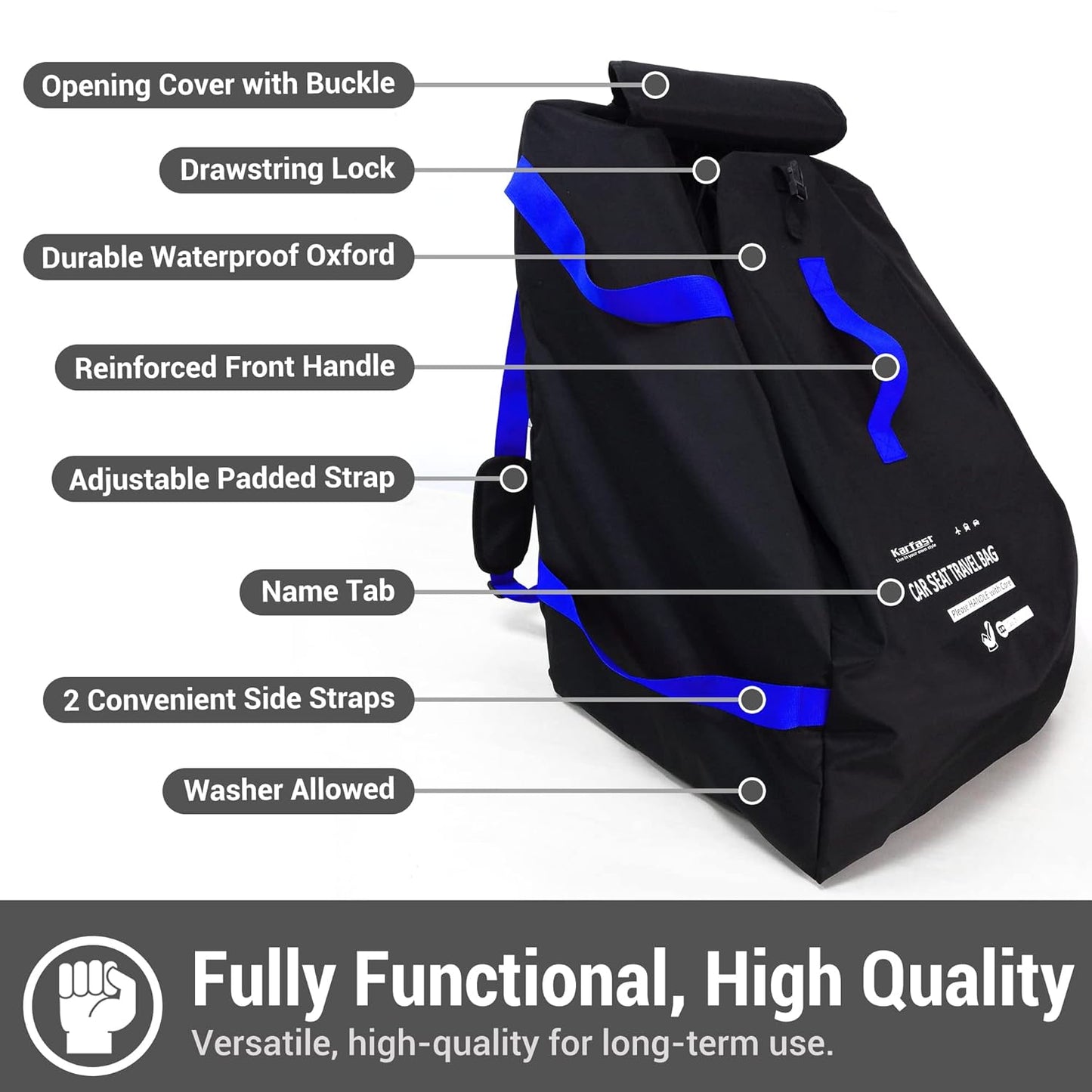 Car Seat Travel Bag Backpack for Air Travel - Karfast Universal Infant Carseat Gate Check Bag Cover for Airplane, Foldable with Pouch, Blue