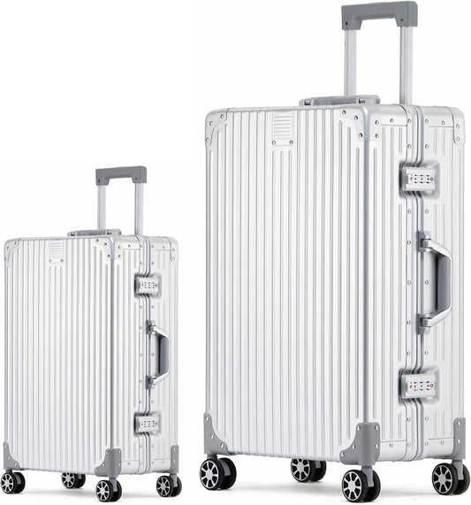 Metal All Aluminum Carry-on Luggage TSA Customs Lock Zipperless Silent Rotary Wheel Business Suitcase Aluminum Frame Set (silvery, 2Piece(20/28))