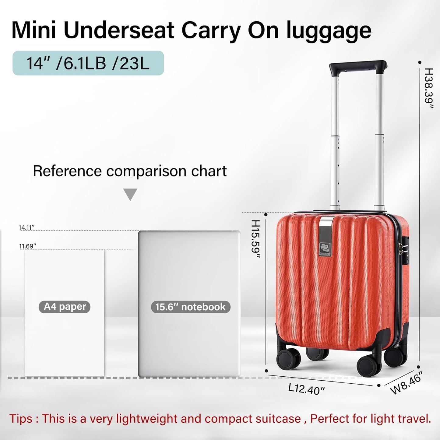 Hanke 14 Inch Underseat Carry On Luggage with Wheels Hard Shell Suitcases Lightweight Small Luggage for Weekender Mini Suitcase Carry On Bag Travel Luggage for Travel Rolling Suitcase.(Orange)