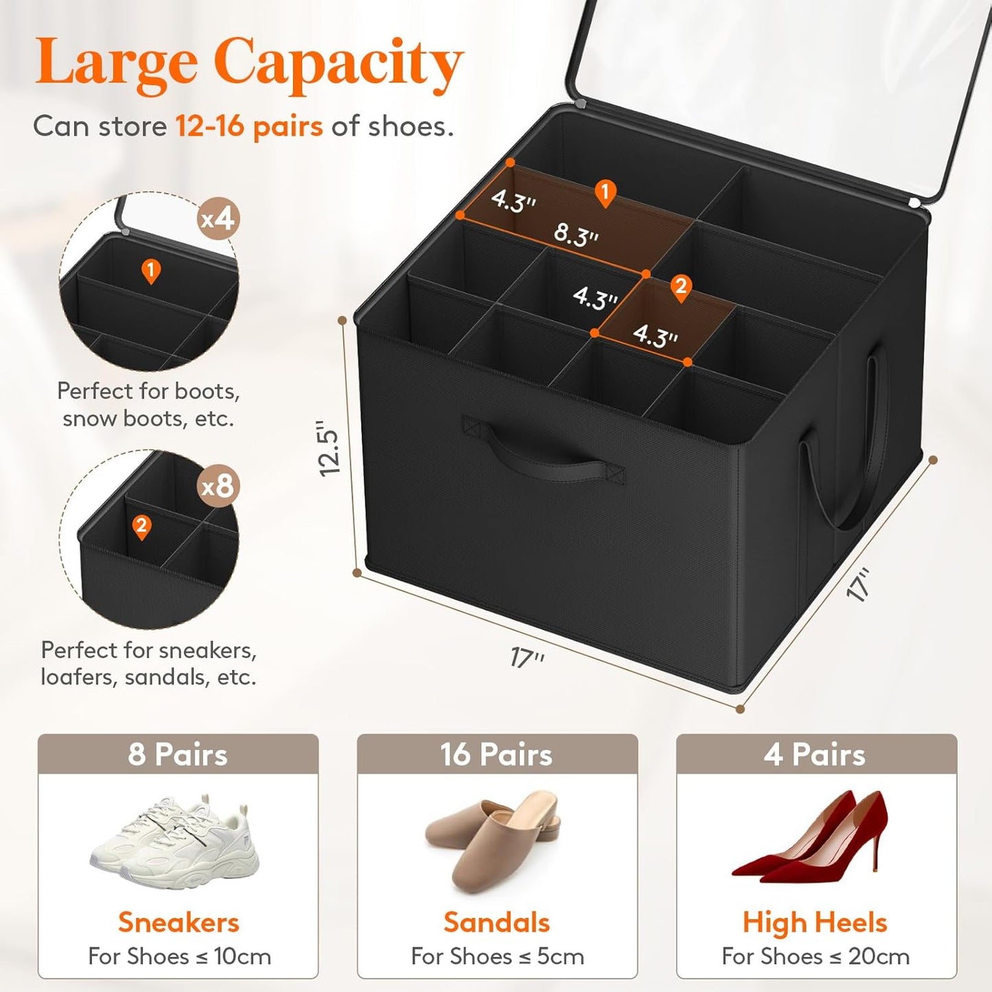 Lifewit Shoe Storage Organizer for Closet, Fits 12-16 Pairs, Large Shoe Box Storage Containers with Clear Cover and Reinforced Handles, Foldable Storage Bins Fit for Boots Heels Sneakers, 2 Pack Black