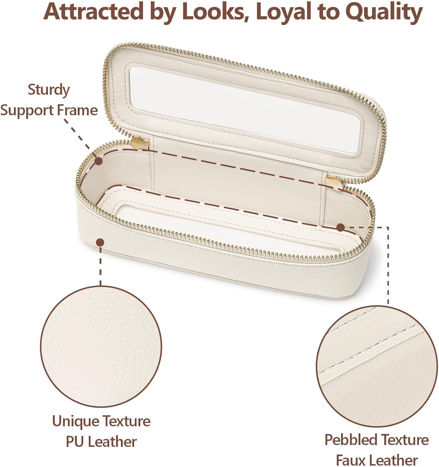 PACKISM Slim Clear Makeup Brush Bag, Pebbled Texture & Hard PU Leather Small Cosmetic Brush Holder, Mini Toiletry Bag Make up Bags with Message Card, Cute Travel Essentials Bag (Cream)