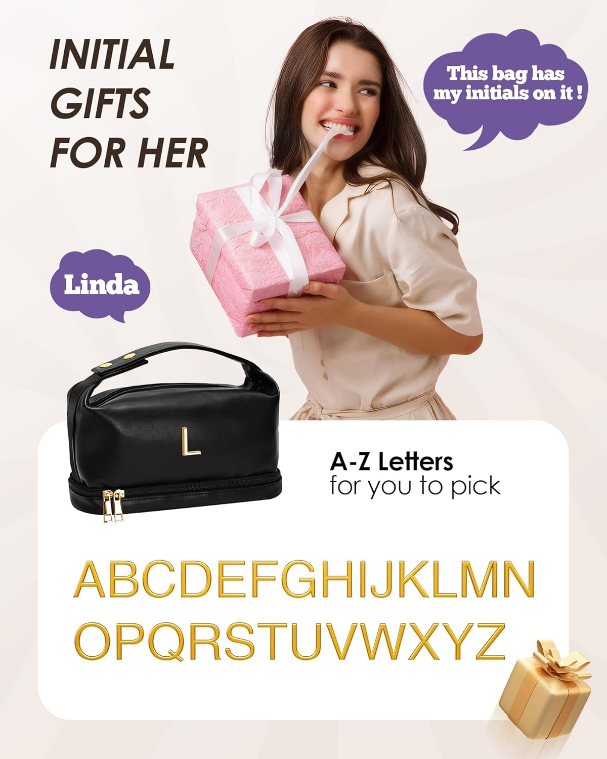 Gift for Her, Personalized Makeup Bags with Handle, Waterproof Double Layer Cosmetic Bag, PU Leather Makeup Bags Letter Travel Toiletry Bag with Makeup Brush Organizer