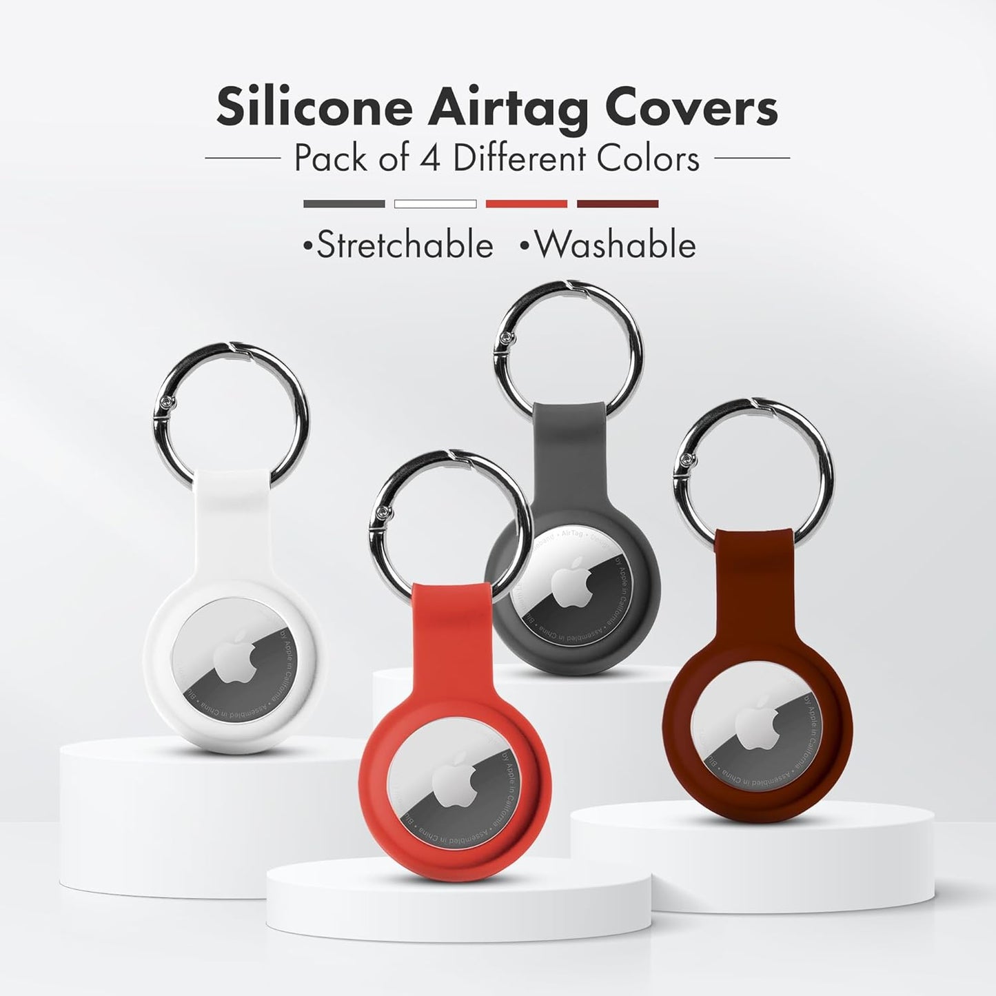 Apple AirTag 4 Pack Shockproof, Dustproof & Washable Cases, Silicon Holders with Accessories for Wallets, Luggage, Pet Collars, Key Finders (White - Gray - Orange - Maroon)