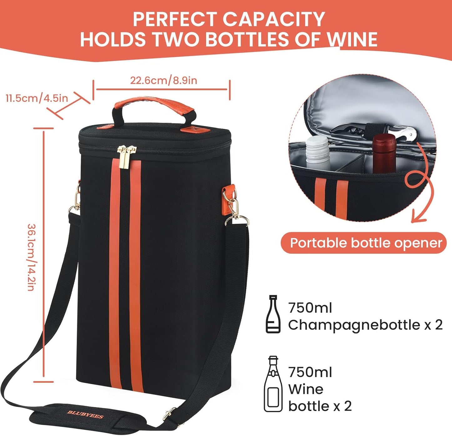 2-Bottle Insulated Wine Carrier Tote - Leakproof Padded 900D Oxford Wine Cooler Bag for Travel, Picnics, Beach & Parties - Ideal Wine Gift for Wine Lovers