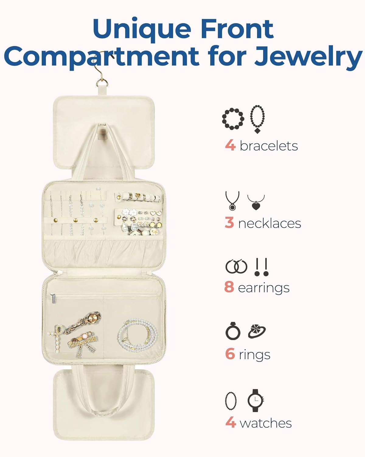 BAGSMART Travel Toiletry Bag with Jewelry Organizer, Hanging Travel Bag for Toiletries, Puffy Makeup Cosmetic Bag Organizer, Carry-on Travel Accessories Essentials, Beige-L