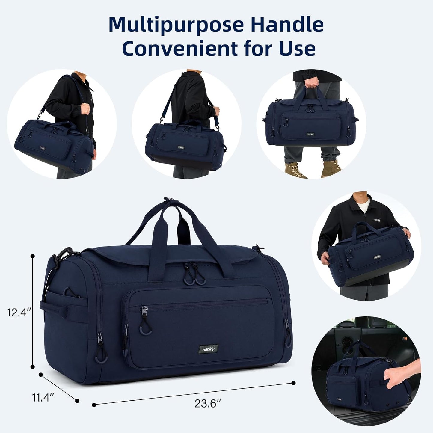 Large Travel Duffle Gym Bag with Shoe Compartment, Underseat Carry On Luggage Overnight Weekender Personal Item Workout Bags for Women Men (Navy Blue)
