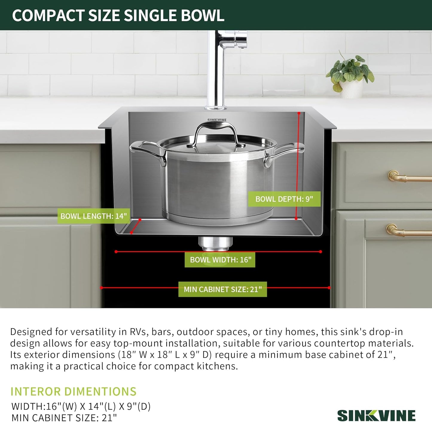 18-Inch Bar Sink Drop-In, SINKVINE Stainless Steel Kitchen Sink for Laundry Outdoor, RV, Top Mounted with Deep Single Bowl, 3.5" Drain Strainer, Bottom Rise Grid, Roll-up Drying Unit, 18 x 18 inch