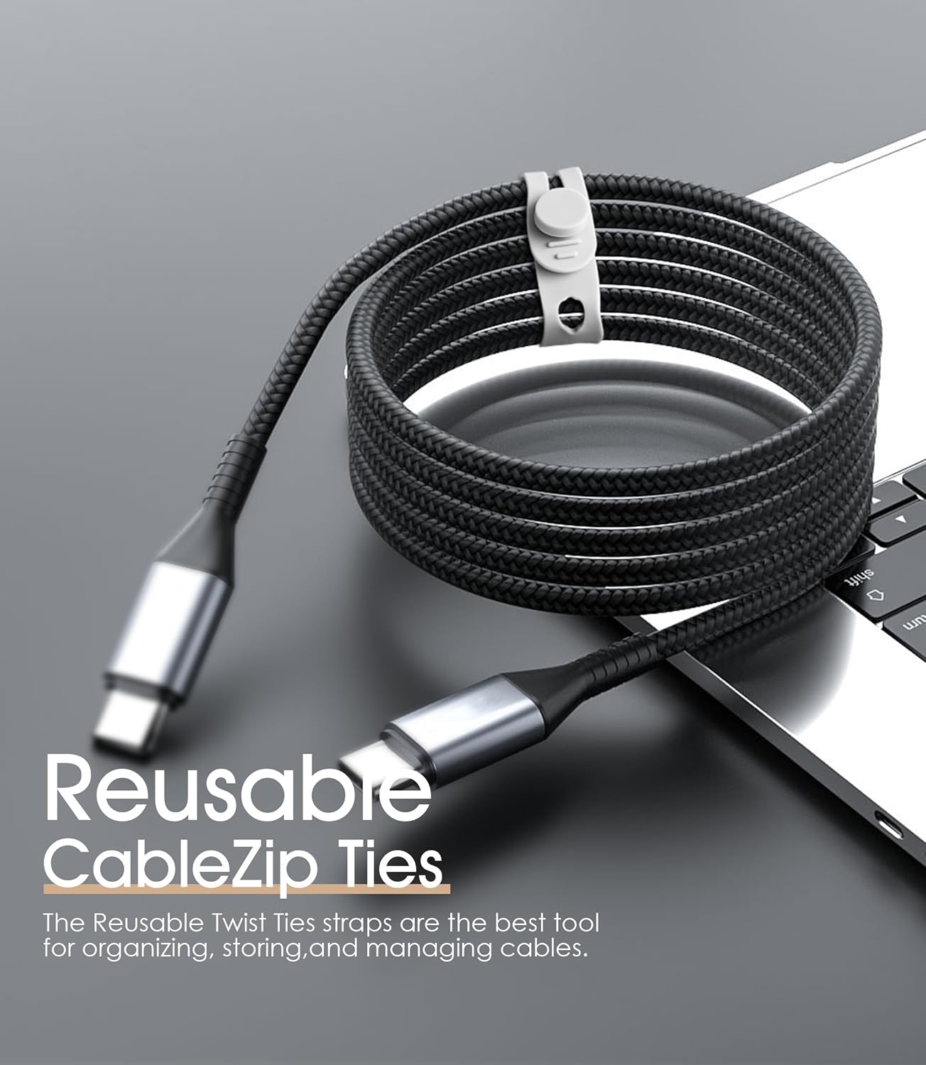 20Pcs Nearockle Silicone Cable Ties, 5.12 Inch Adjustable Cord Organizer Reusable Zip Ties for Charging Cords Earphone Computer Wire, Office Desk Cable Management Travel Accessories(White)