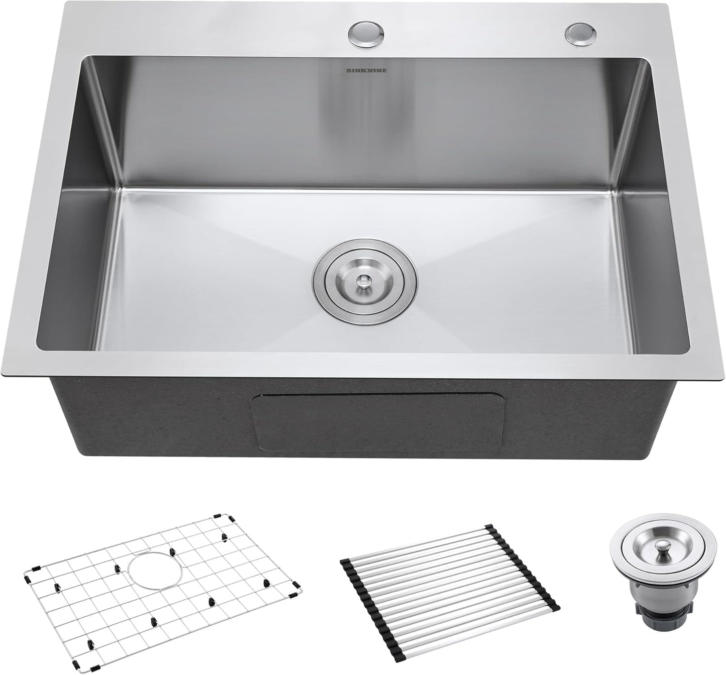 25-Inch Drop-In Kitchen Sink, SINKVINE 25" x 18" Stainless Steel Indoor and Outdoor Sink, Top Mount Large Deep Single Bowl Sink for Laundry Room, with Drain Strainer, Bottom Grid, Roll-up Drying Unit
