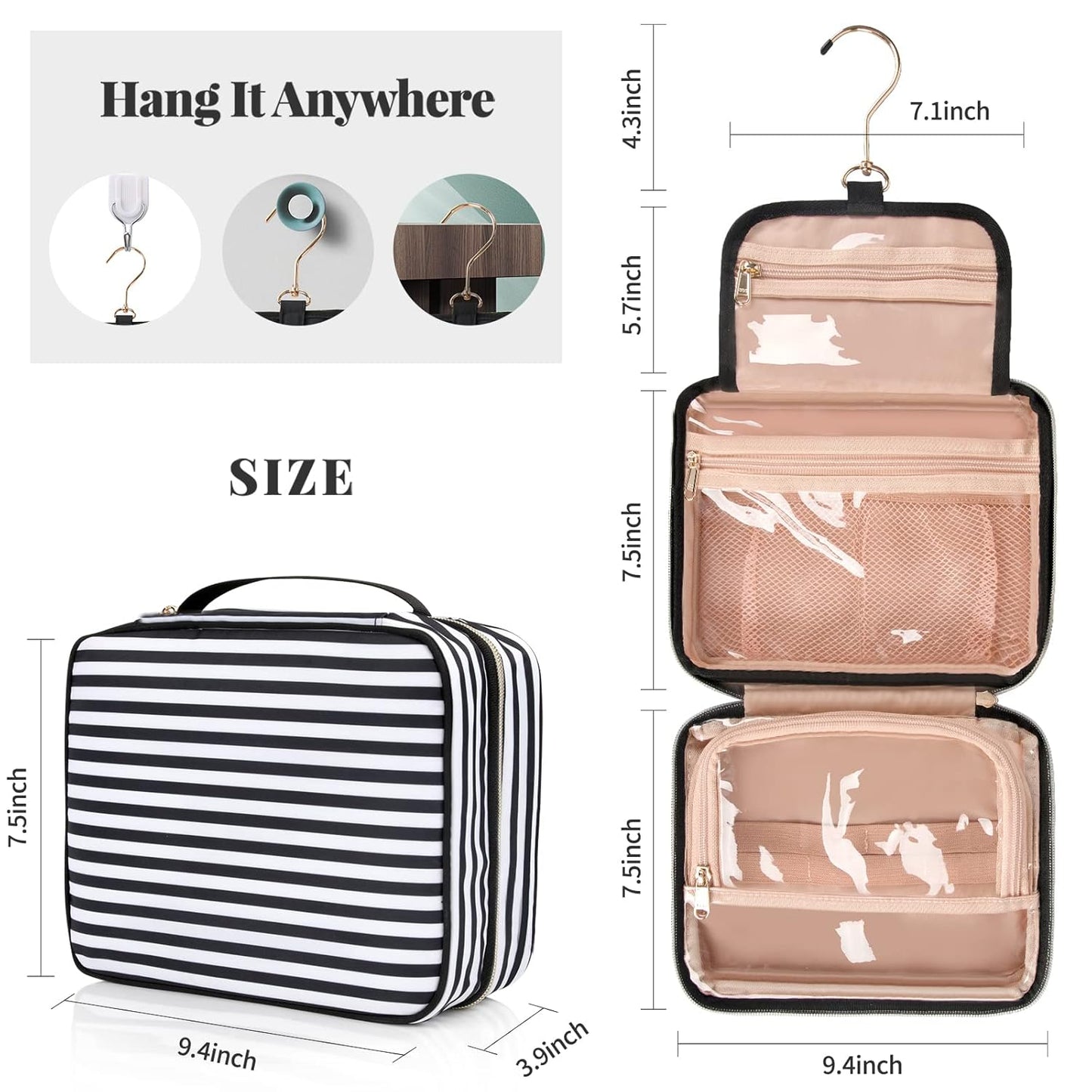 CUBETASTIC Travel Toiletry Bag with 360° Hanging Hook - 3 Compartments Water-resistant Makeup Bag with Portable Handle Medium - Makeup Organizer for Toiletries and Cosmetics