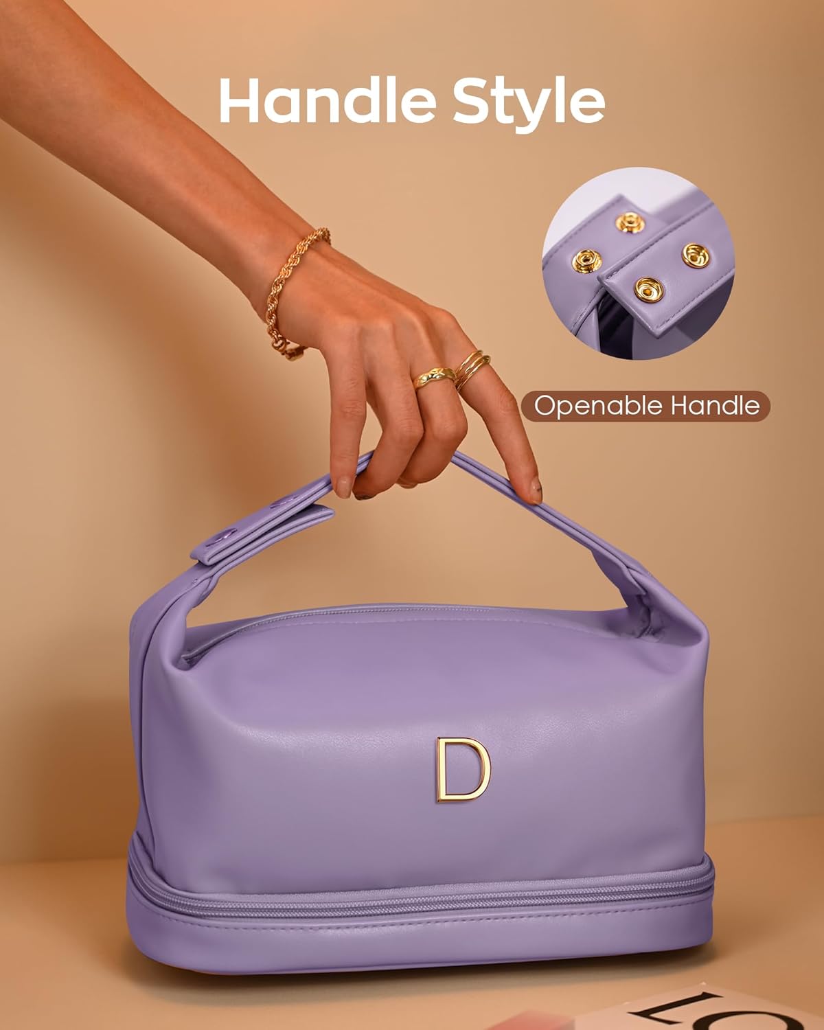 Makeup Bag with Handle, Waterproof Double Layer Cosmetic Bag, Large Capacity PU Leather Makeup Bags Letter Travel Toiletry Bag with Makeup Brush Organizer