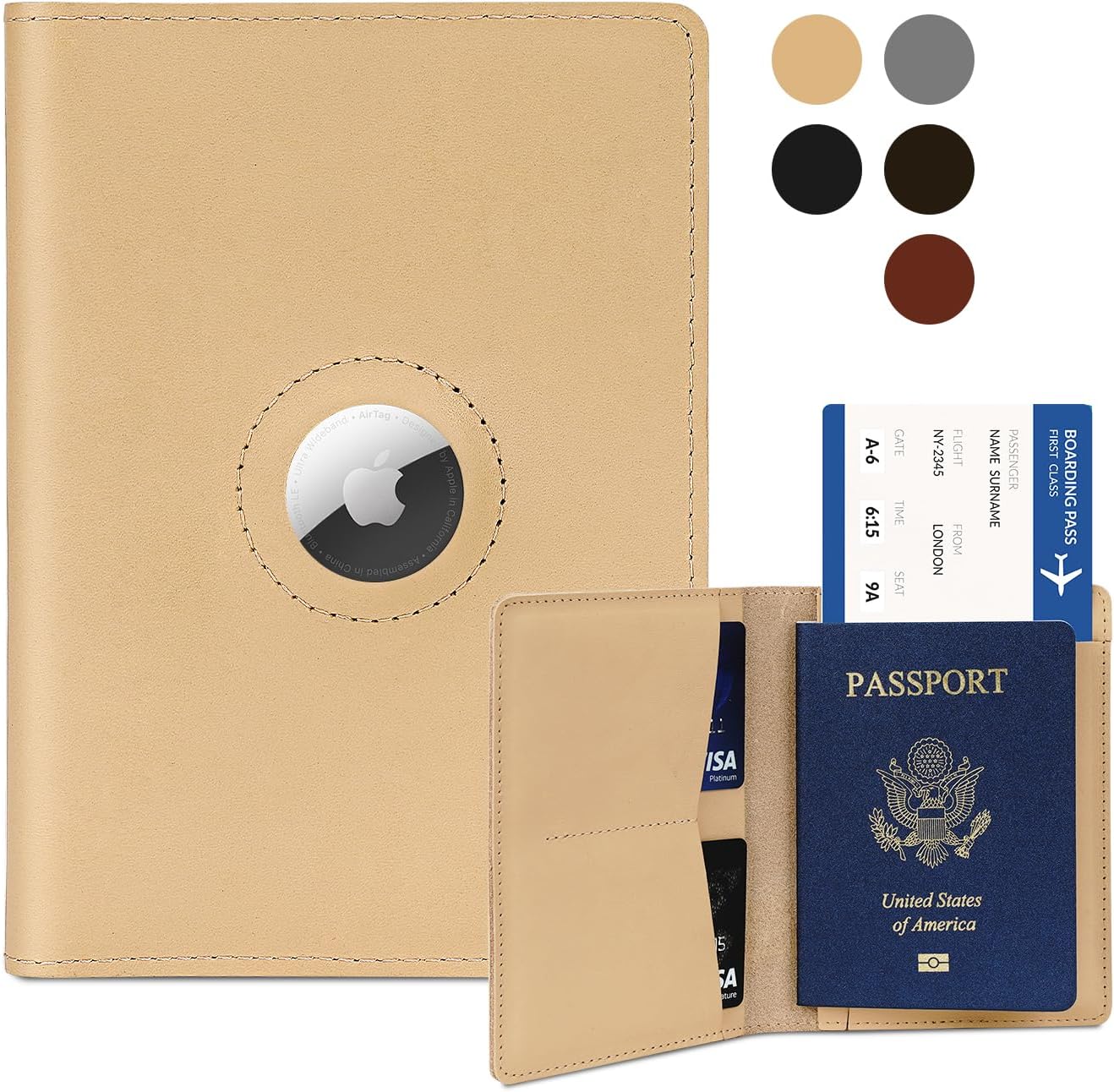 Airtag Passport Holder for Men and Women Travel, Real Leather Passport Wallet, Handmade Passport Cover Case with Airtag Slot, Travel Must Haves Essentials Accessories Birthday Gifts(Crazy Horse,Beige)