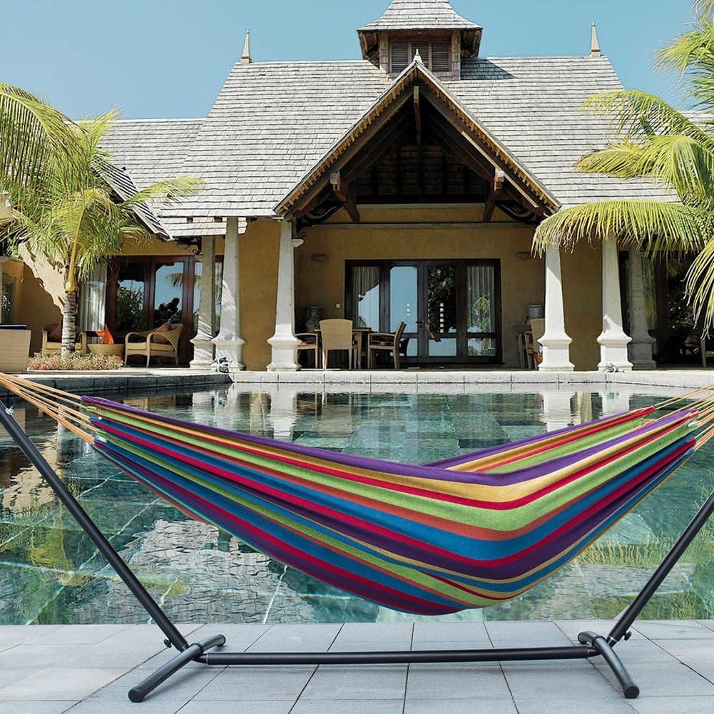 Lazy Daze Hammocks Double Hammock with 9 ft Space-Saving Steel Stand Includes Portable Carrying Case, 450 Pounds Capacity (Purple Stripes)