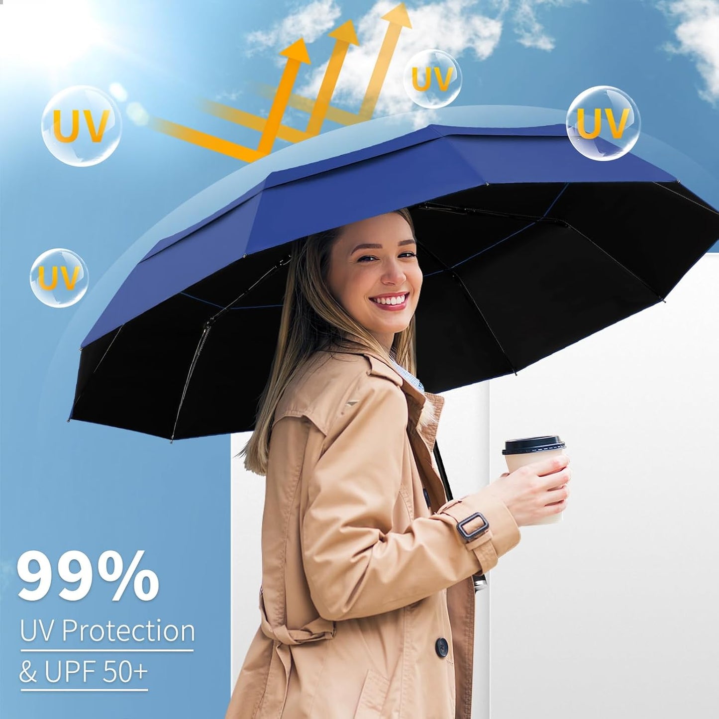 Seniny Windproof Travel Umbrella, Double Vented Canopy Large Umbrellas for Rain, Automatic Compact Umbrella for Car Backpack, Portable Pocket UV Umbrellas for Sun Protection Walking, Lightweight