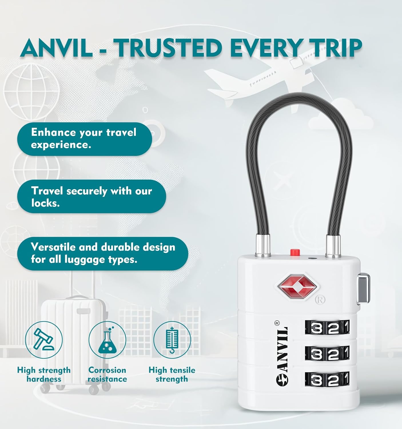ANVIL TSA Approved Luggage Locks – High Security TSA008 Combination Travel Locks with Inspection Indicator for Suitcases and Backpacks. (2, White)