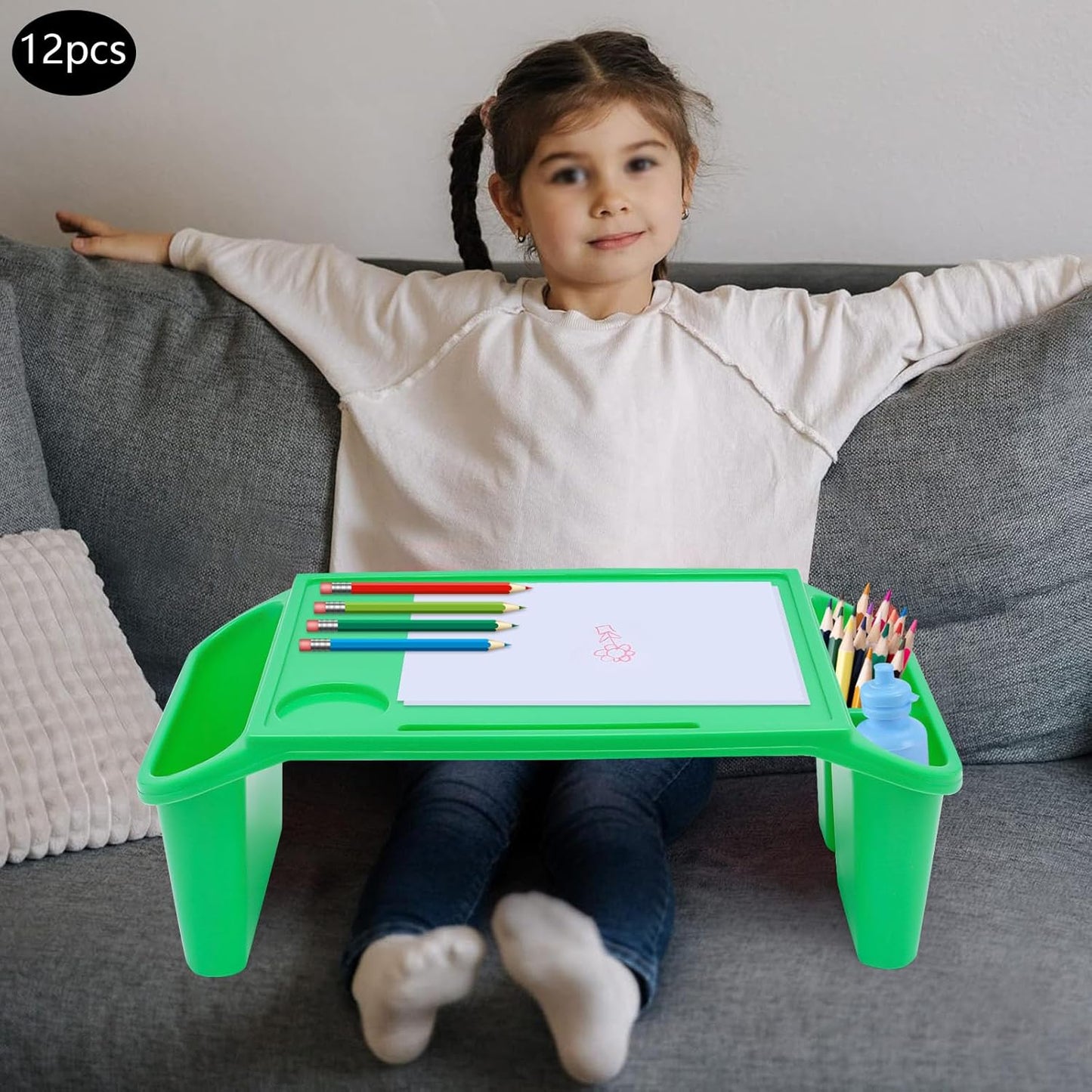 12 Pcs Kids Lap Desk Tray, 19.7×9.8×7.1In Portable Lap Bed Table with Side Pockets, Plastic Breakfast Laptop Trays, Laptop Desk Snack Tray for Family, School (Green)